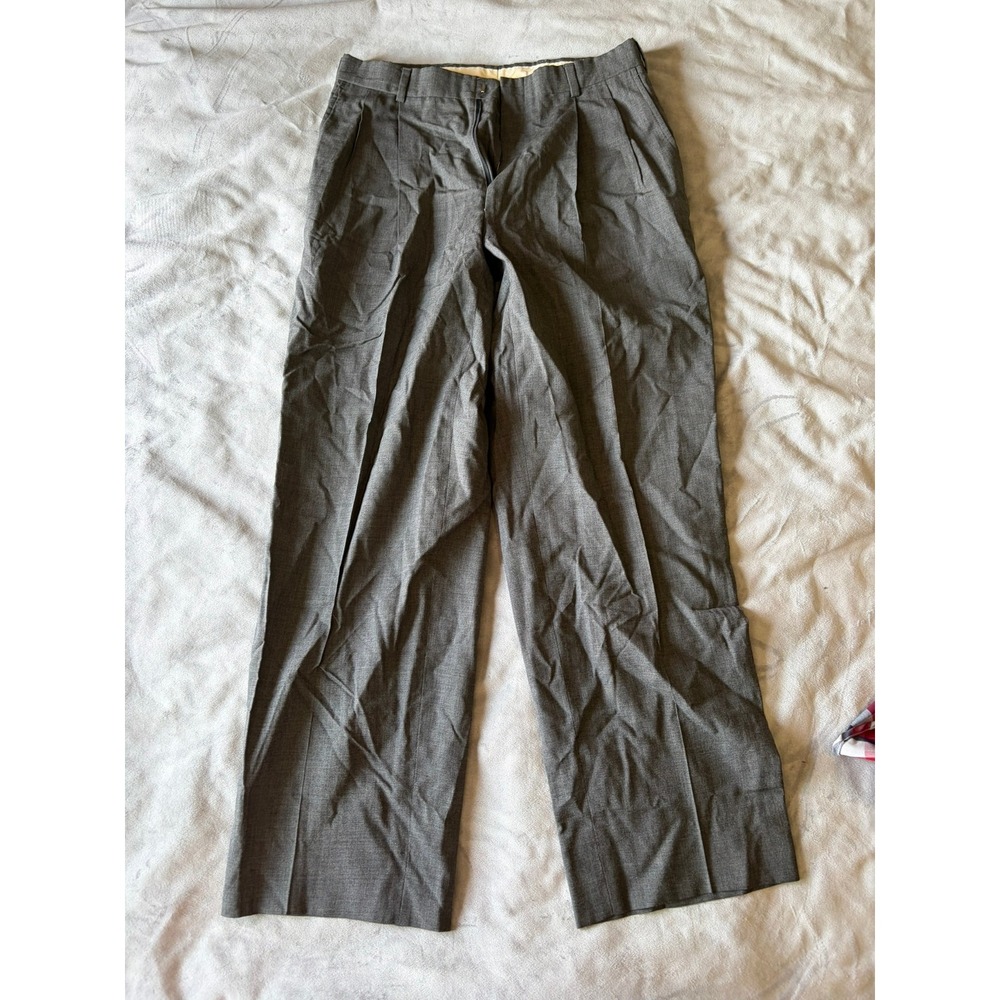 Hart Schaffner Marx Trumpeter Grey Virgin Wool Pleated Dress Pants Mens 35x29